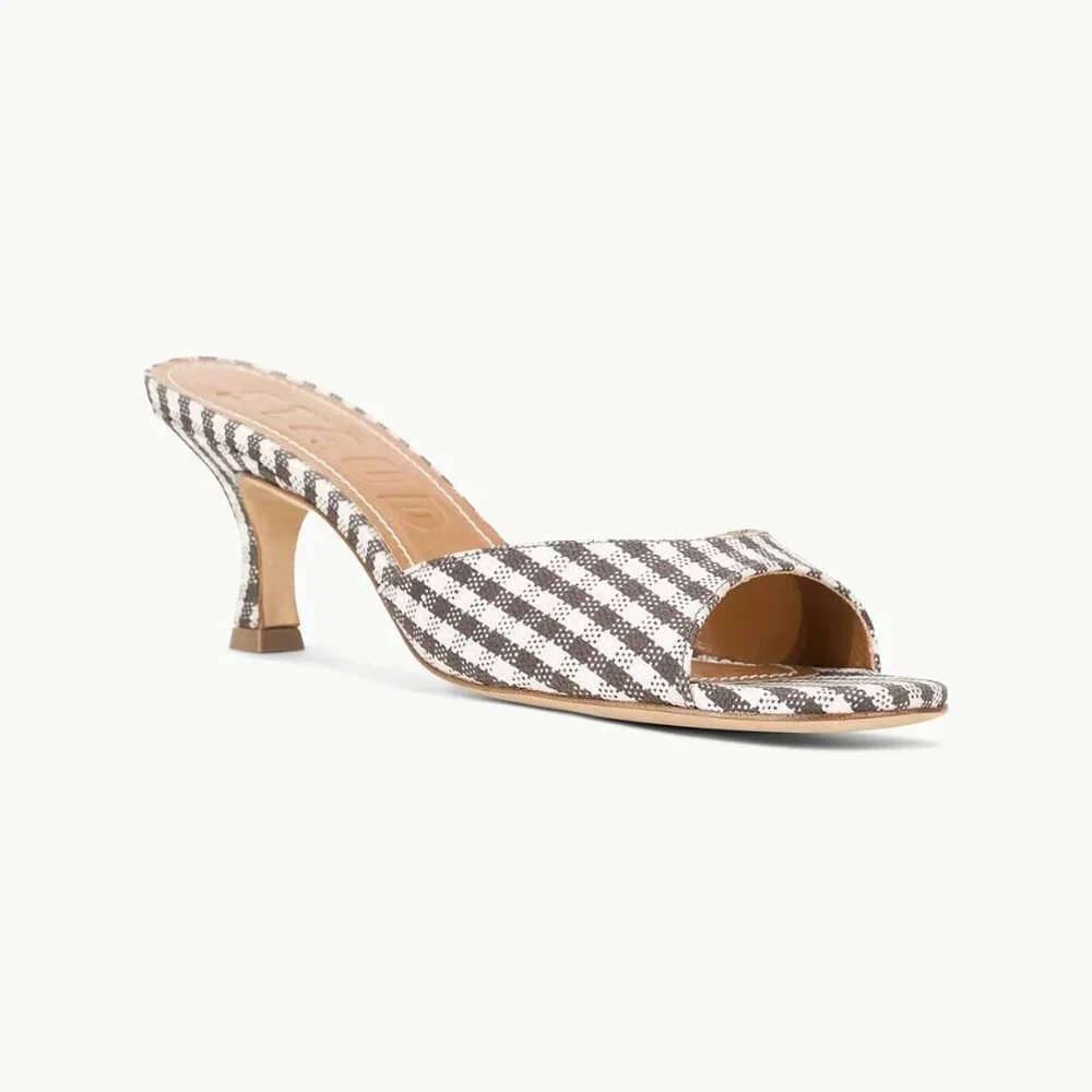 STAUD Brigitte Kitten Heel Mule in Chocolate Micro Check Size 39 NIB